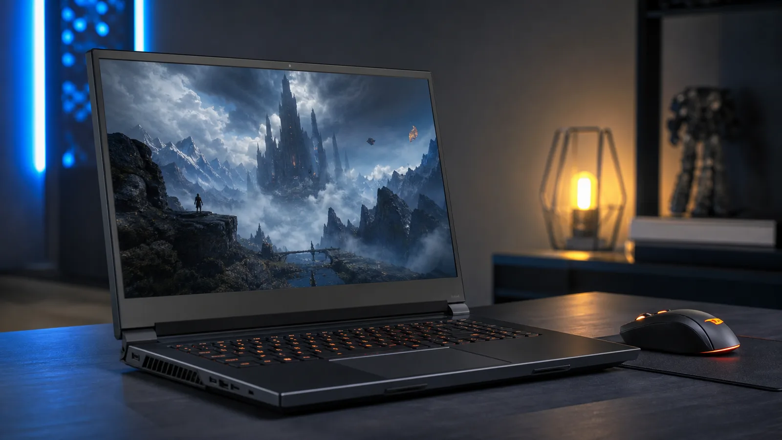Laptop de gaming deschis pe un birou