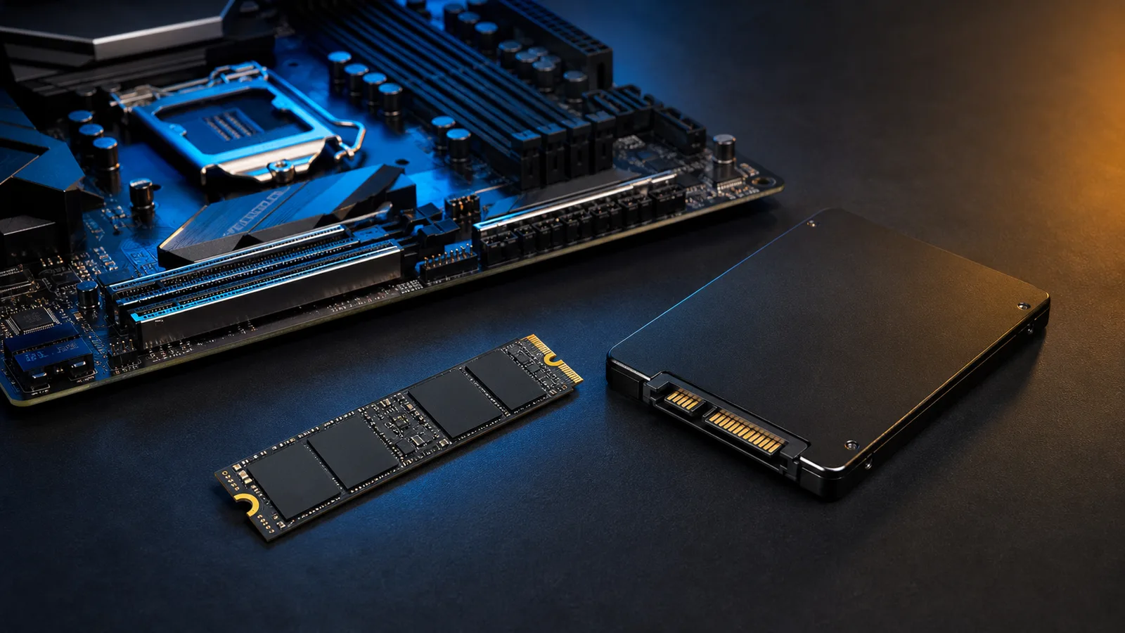 Unități SSD de diferite formate pe un birou