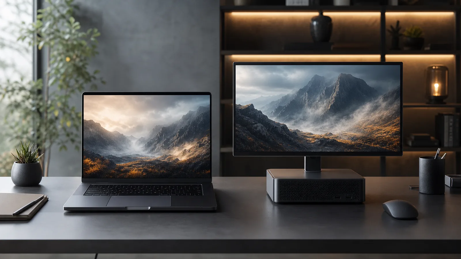 Laptop și calculator desktop alăturate