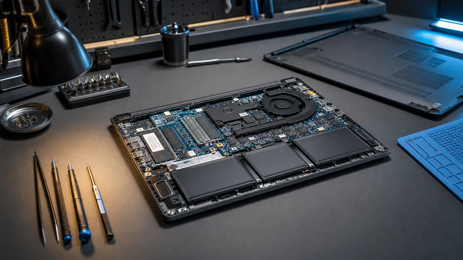 Laptop demontat pe masa unui service